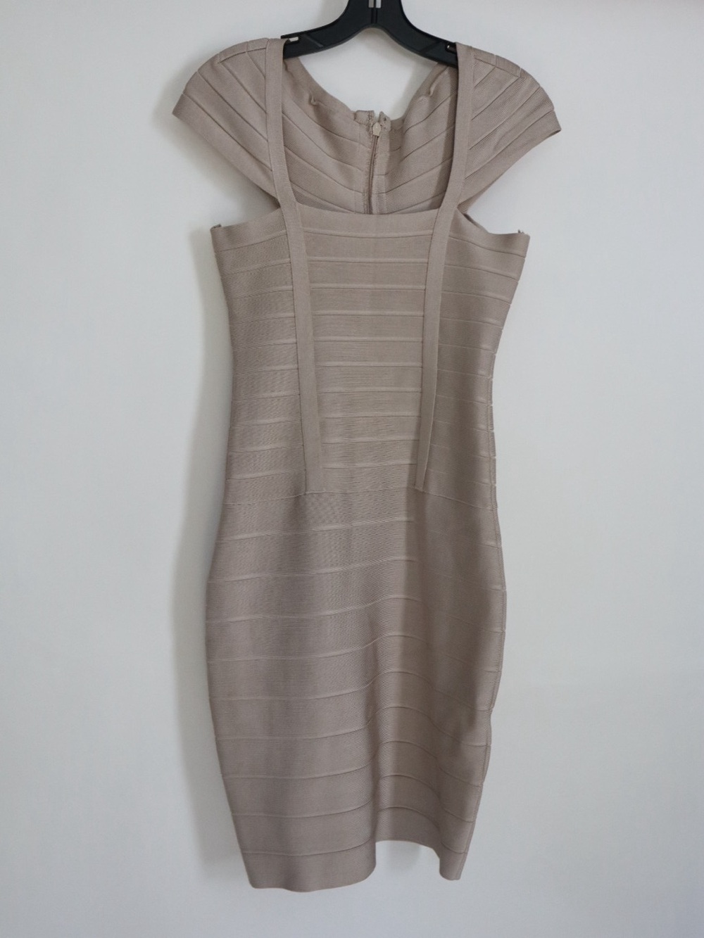 Herve Leger Taupe Bandage Midi Dress with Cap Sleeve Detail
